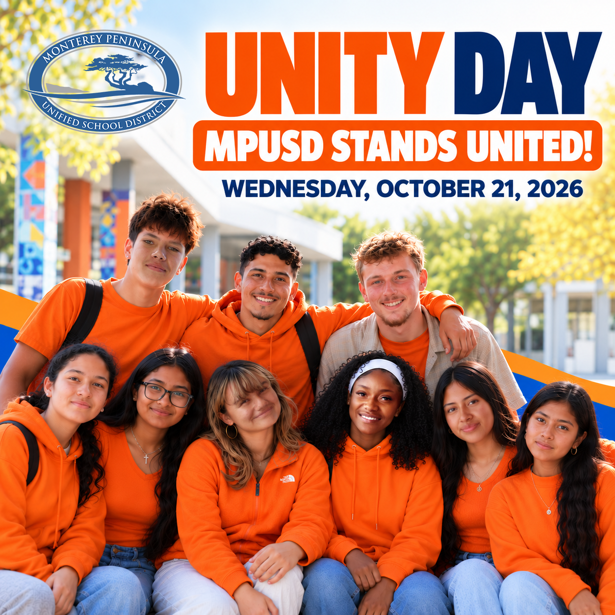 A group of diverse students wearing orange shirts smile together for Unity Day.